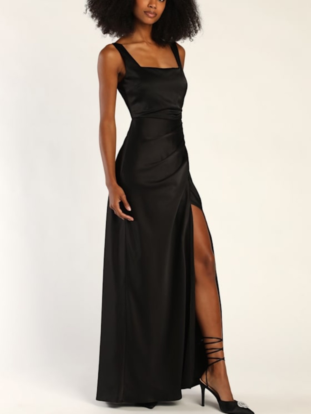 Lulus Red Carpet Romance Black Satin Square Neck Maxi Dress - Size L